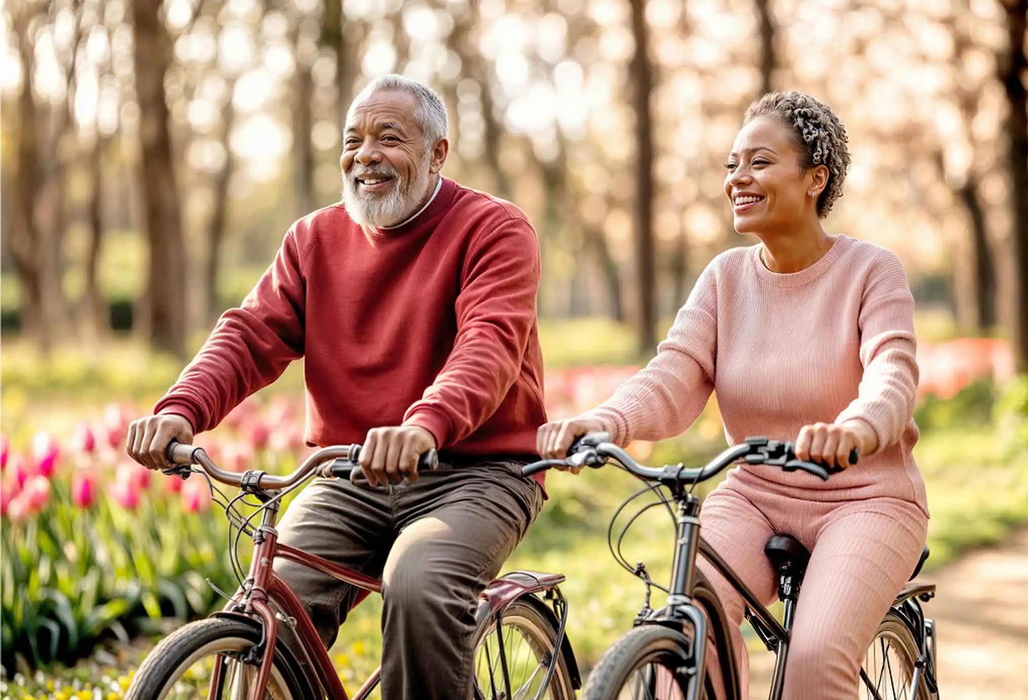 couple enjoying a bike ride through the woods